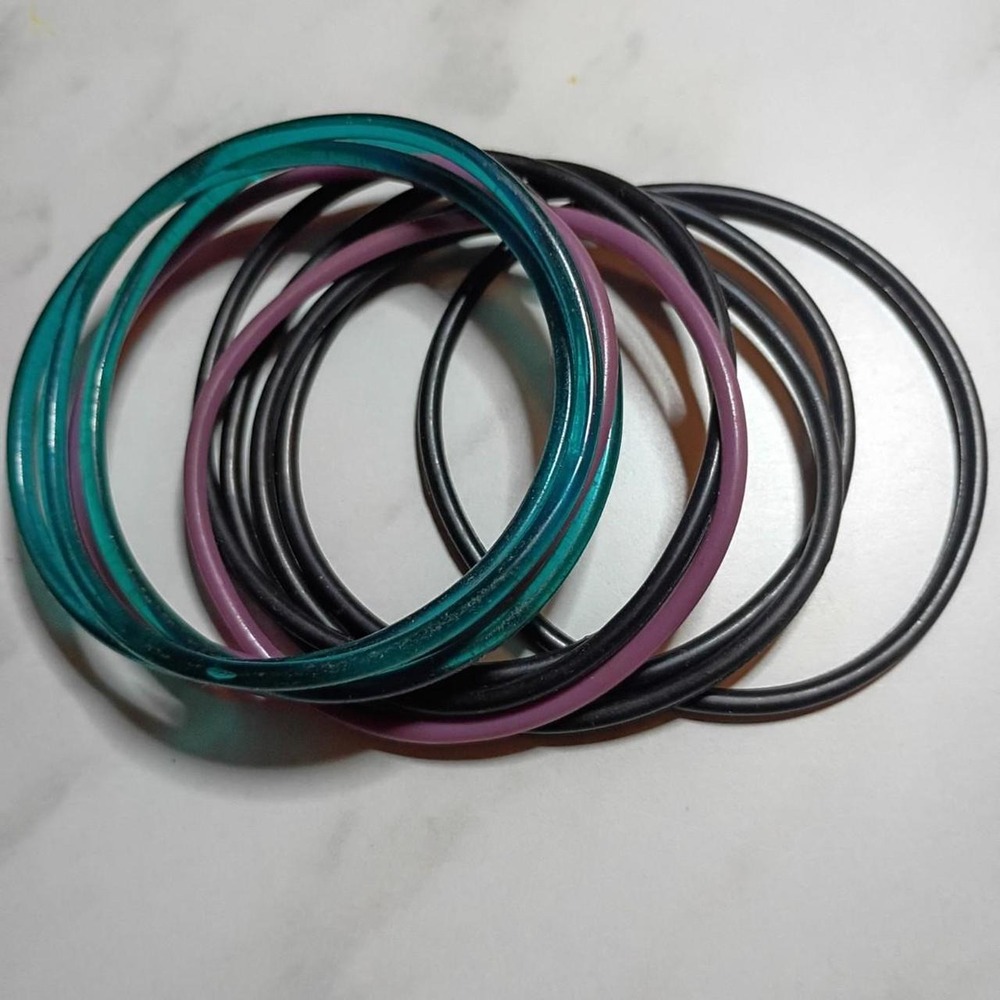 Vintage Style Jelly Bangle Bracelet Set Teal Purple Black Retro Stacking 8pc